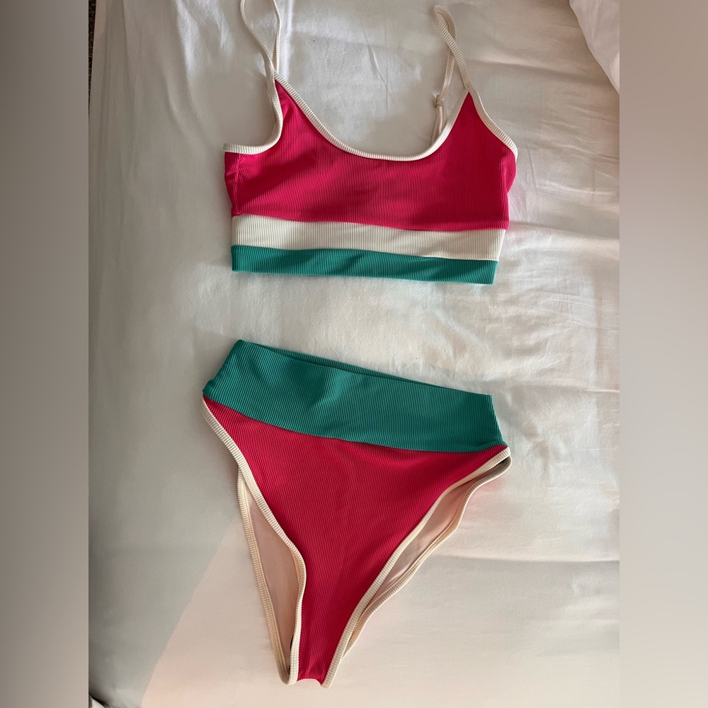 SET Beach Riot Eva Emmy Ribbed Bikini Top & Bottom Medium Pink White Turquoise
